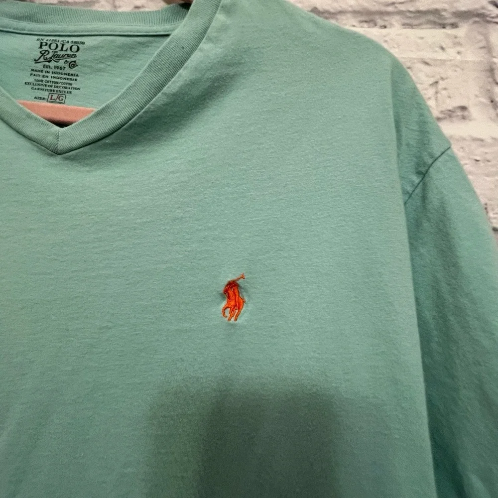 Polo Ralph Lauren Mint Green Classic V-Neck Tee T-Shirt Orange Pony Size L
